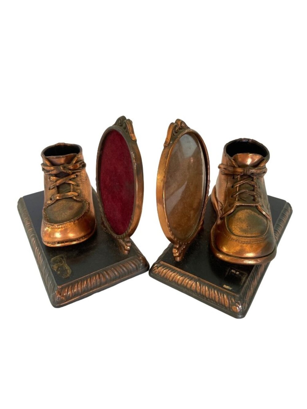 Vintage Bronze / Copper Plated Baby Shoe Bookends Picture Frames 7.25" As Is